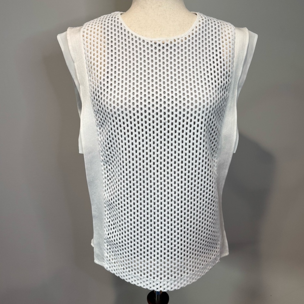 Sandro Paris White Mesh Sheer Sleeveless Blouse Side Panels Minimalist Size S